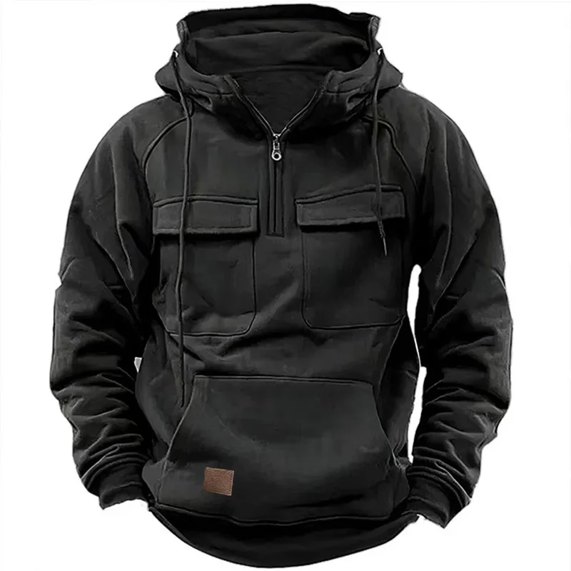 2024 Men Tactical Sweatshirt Quarter Zip Cargo Pullover Hoodies Workout Gym Sports Running Outdoor Winter Jackets