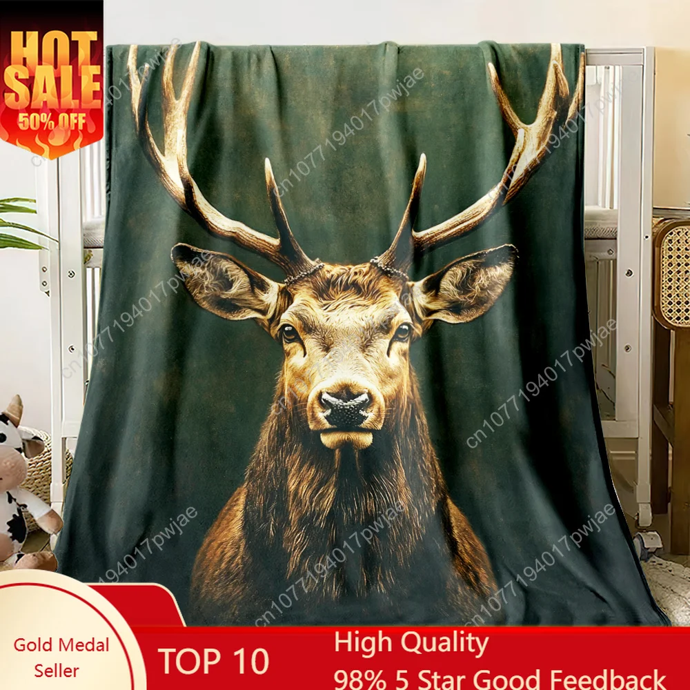 A Flannel Blanket with a Stag Image, Suitable for Air-Conditioned Rooms as Bed Cover or Sofa Throw, Ideal for Travel and Camping