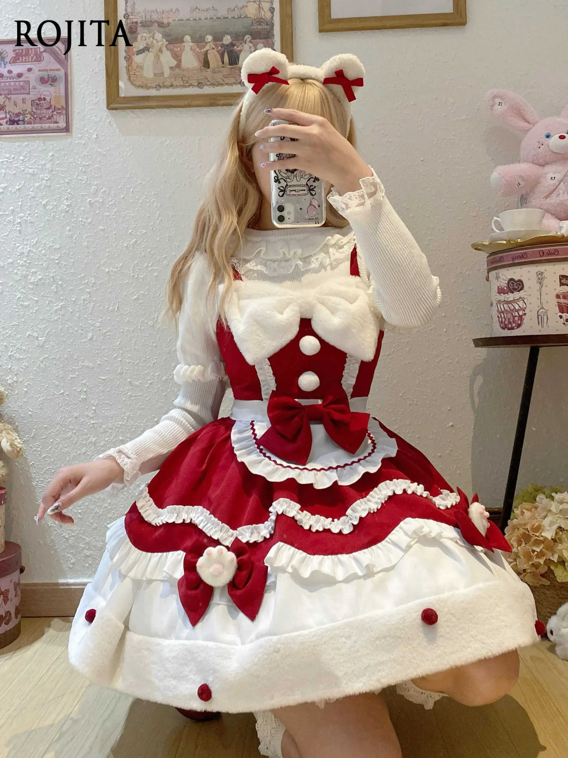 

Autumn Winter Lolita Dress Sweet Bow Color Block Strap Dress Red Jsk Strap Dress + Apron