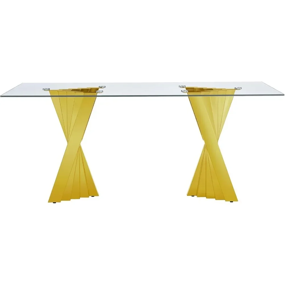 Mesa de jantar de vidro de 70 polegadas para 6-8 pessoas mesa de jantar retangular com base de aço inoxidável espelhada dourada