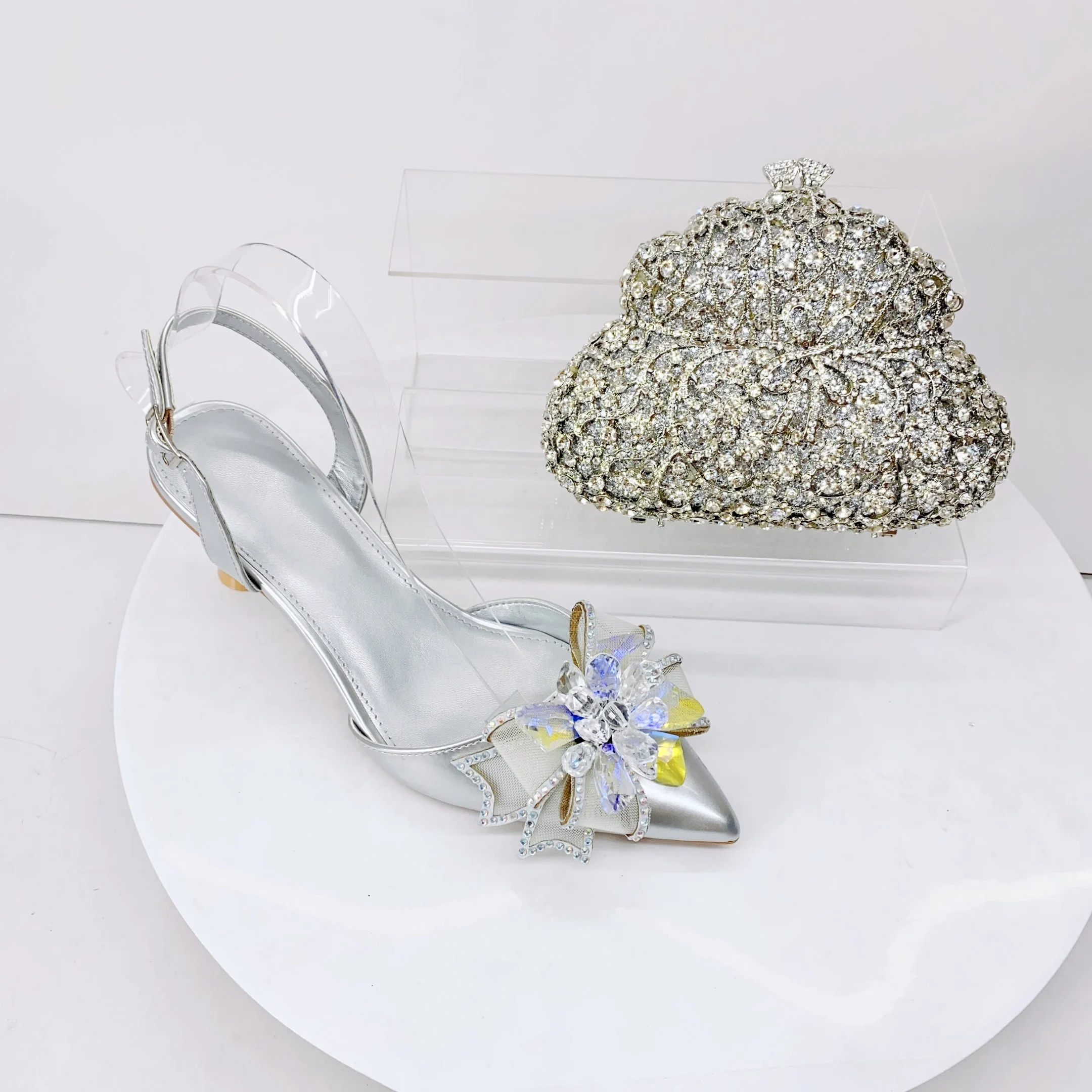 

LNATISNOVA Elegant Crystal Women Shoe and Bag Set Rhinestone Crystal Pointed Toe Kitten Heels Slingback Pumps with Clutch Purse
