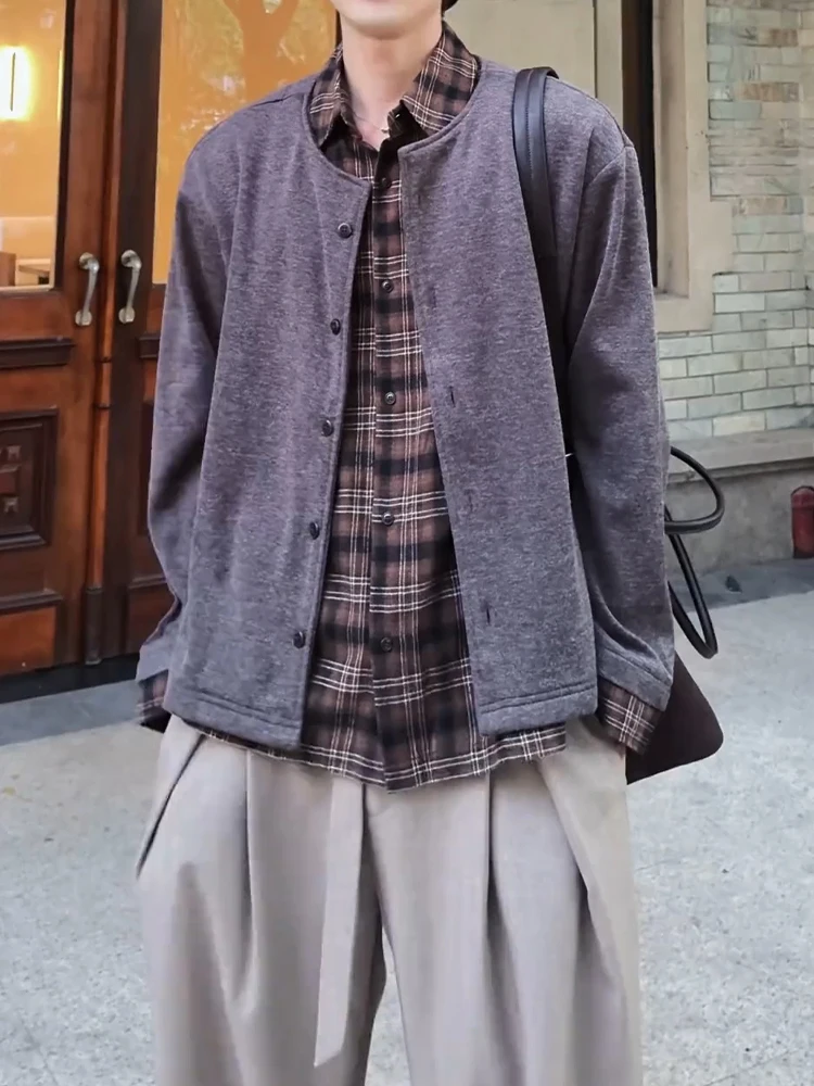 

American Retro Plaid irt Splice Knitted Jaet Men's Sle Autumn Spring Cleanfit Cardigan Sweater Regular Fit Youth Casual