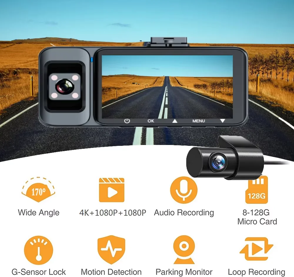 LanYuXuan 3Lens WIFI Video Recorder GPS Dashcam for Cars 4K Car Dvr Rear View Camera for Vehicle Parking Monitor G-sensor Loop R