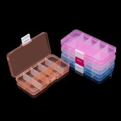 Caja de almacenamiento rectangular de plástico transparente ajustable, 10 ranuras, soporte, organizador artesanal, cuentas, contenedor de joyería para almacenamiento de joyas