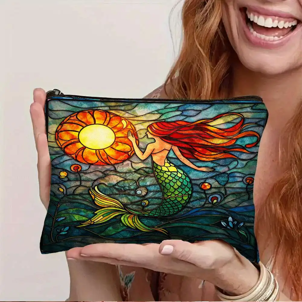 

1pc Stained Glass Mermaid Printed Washbag, Makeup Bag, Cosmetic Bag with Durable FadeResistant Zipper