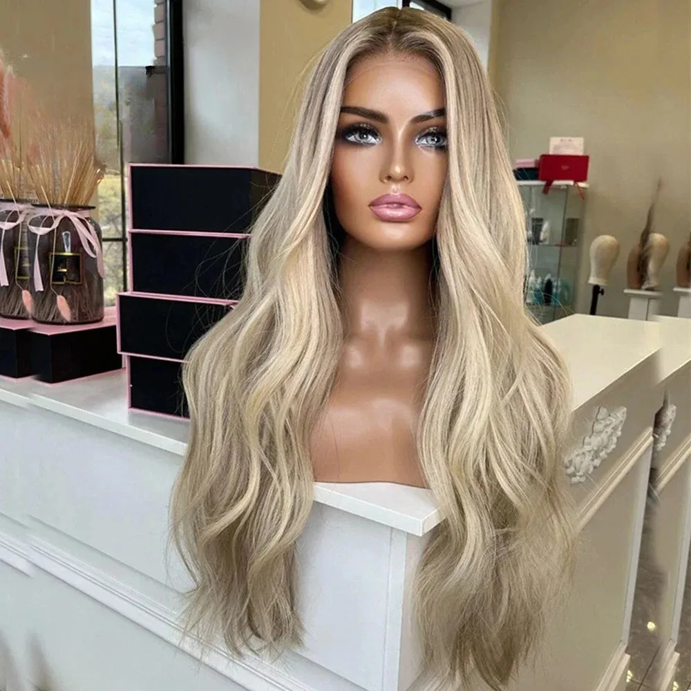 Authentic European Ombre Streaks Ash Blonde Synthetic And Blend Brown Root 13x4 HD Lace Front Wig For Women Daily Party Cosplay