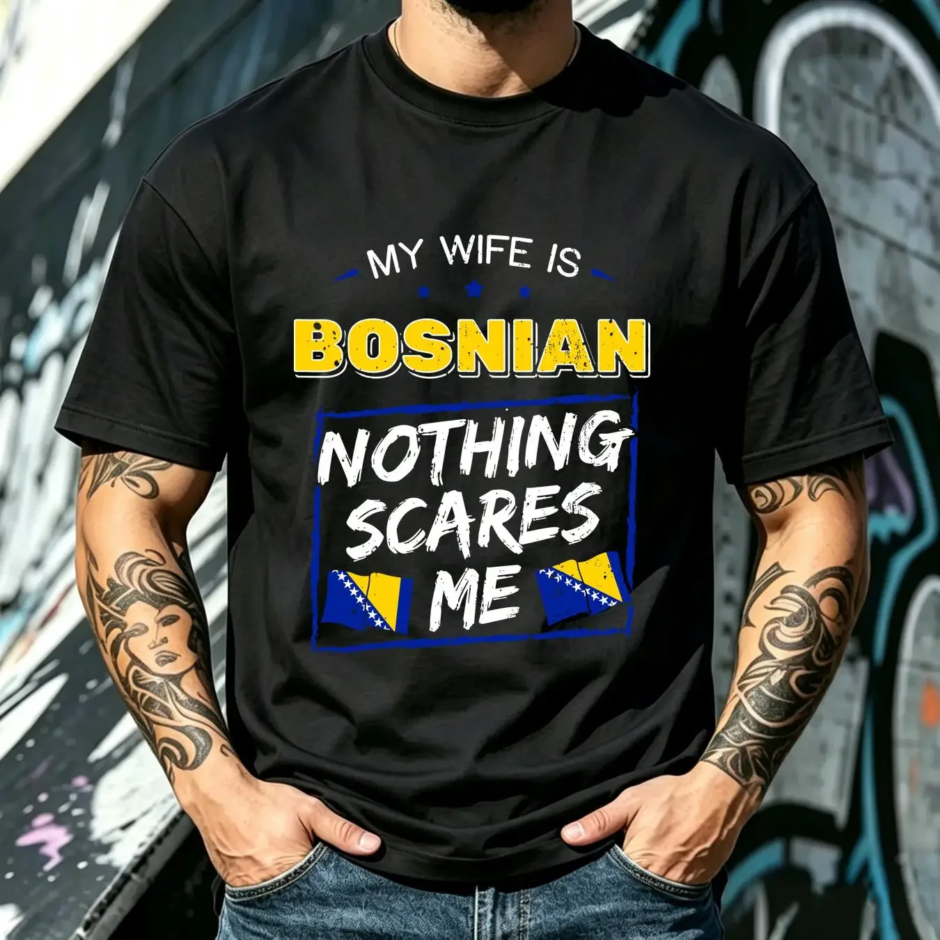 washed T Shirt My Wife Is Bosnian Nothing Scares Me Flag Of Bosnia And Herzegovina Anniversary For Husband Marriage vintage