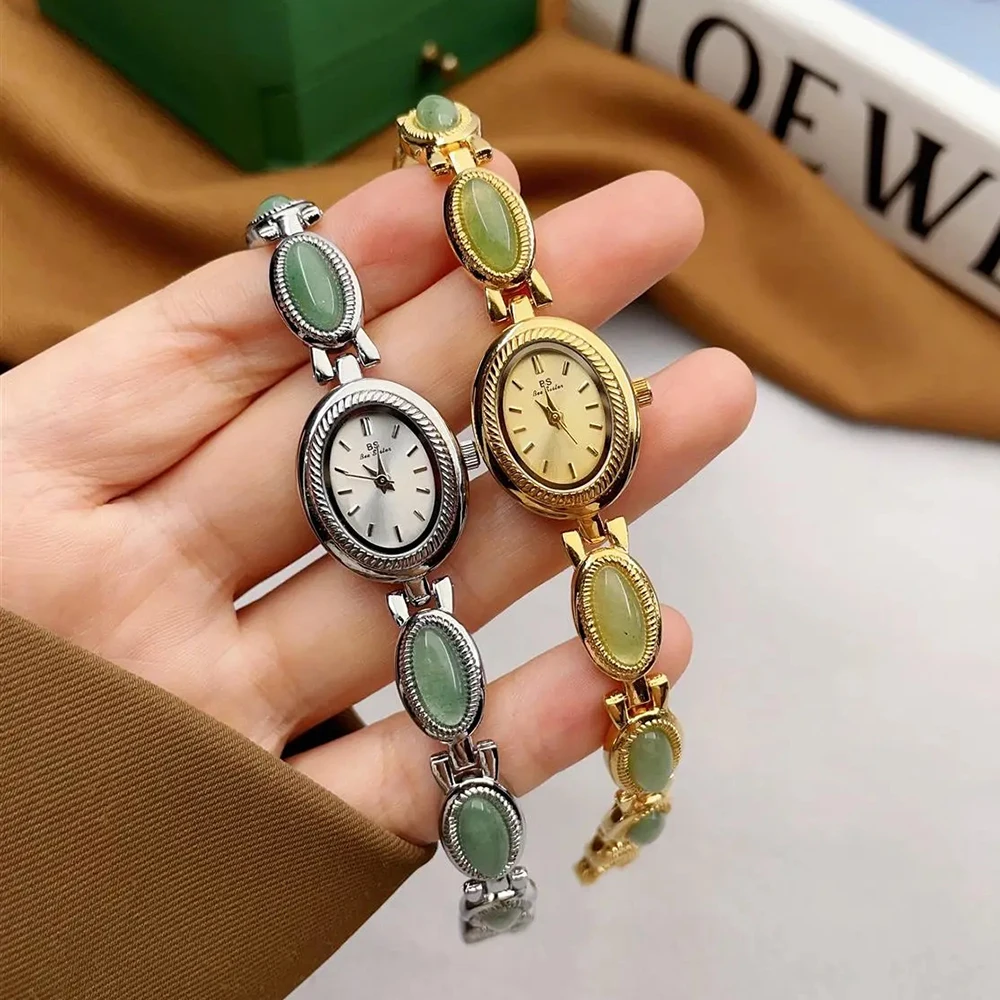 

Кварцевые женские наручные часы Bee Sister из натурального нефрита с цепочкой премиум-класса, женские часы, винтажные часы из сплава для женщин