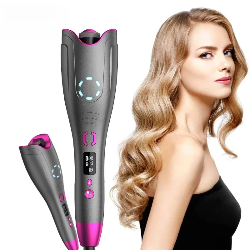New 360 Ceramic Automatic Rotating Edging Iron Roller with PTC Heater, LCD Temperature Display Adjustable Hairdressing Tool