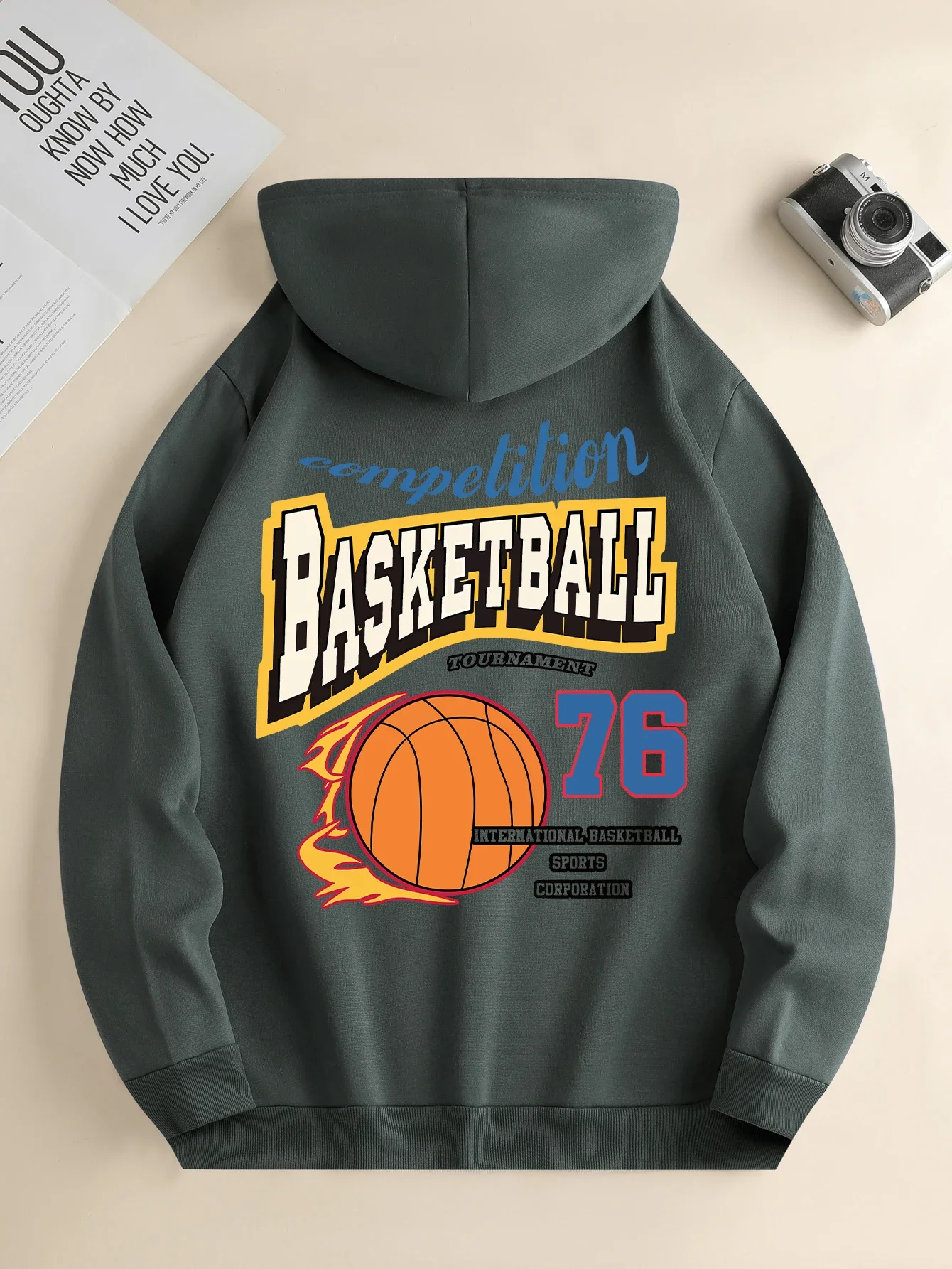 Men's new fashion hoodie, casual daily drawstring hooded sweatshirt, basketball print, front kangaroo pocket, men's jacket