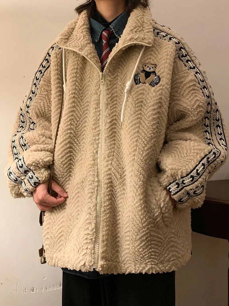 

Lamb Fur Jaet Men's Thiened Fce Stand Collar Cotton Coat Warmth Retro Sle Winter Faion Casual Loose Fit Zipper Clo...