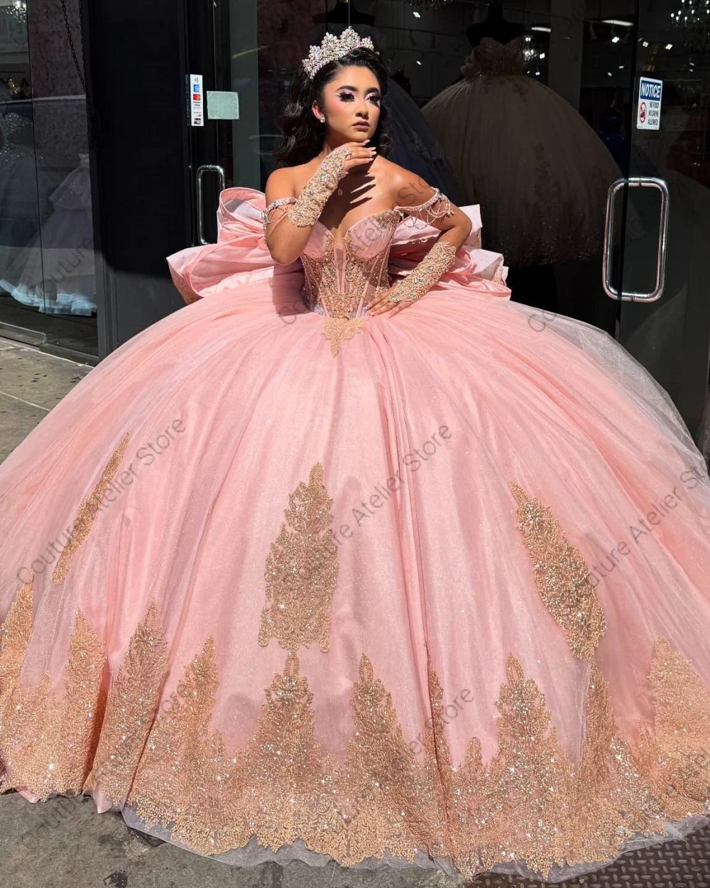 Dream Pink Princess Quinceanera Dress With Gloves Lace Applique Ball Gown With Bow vestidos 15 años quinceañera Customized