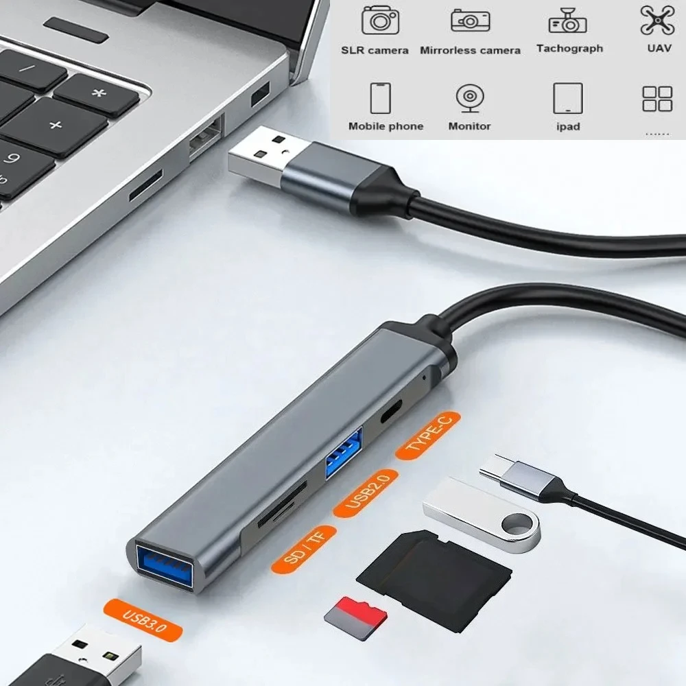 

[5-in-1 USB Hub] 5-in-1 Hub with USB Converter | Supports OTG + Phone, Computer, Laptop, USB Flash Drive, SD Card Data Transfer
