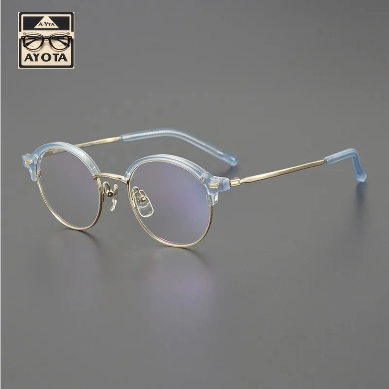 Vintage Handmade Glasses Frame Men's Designer Brand Round Titanium Acetate Blue Gold Myopic Reading Prescription Women's Eyewear