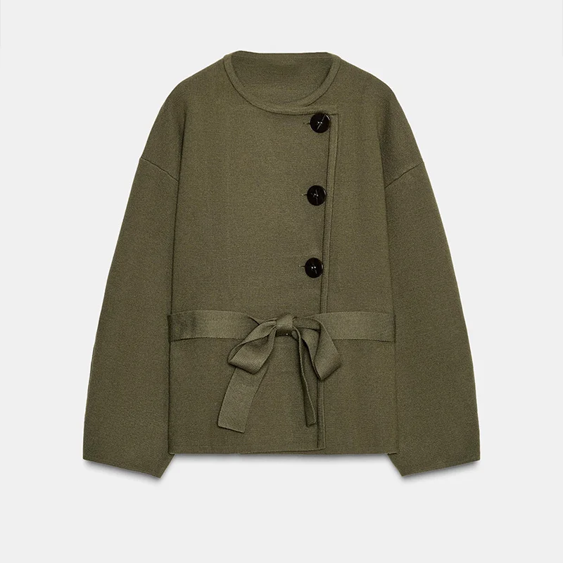 سترة نسائية للخريف والشتاء برقبة دائرية معطف بصدر واحد وأكمام طويلة ملابس خارجية فضفاضة مع حزام 2025 ملابس خروج نسائية جديدة