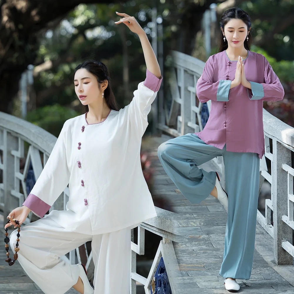 Linen Women Tai Chi Martial Arts Wushu Uniforms Chinese Traditional Sweatshirt+pant Workout Casual Meditation Kungfu Yoga Set