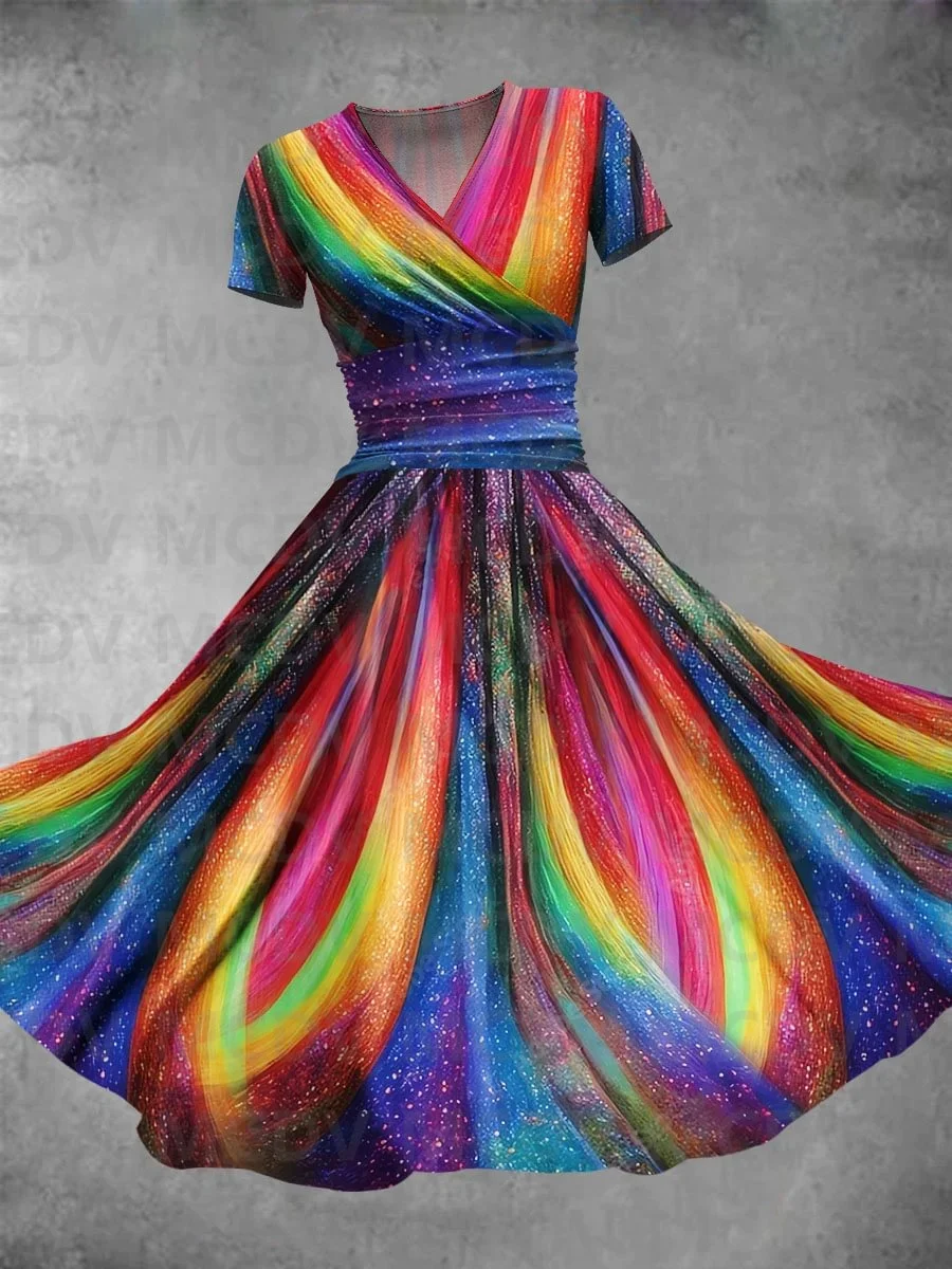 Women's Shiny Rainbow Gradient Stripes Art Print Design Maxi Dress 3D Printed Sexy V-neck Dress Female Dresses