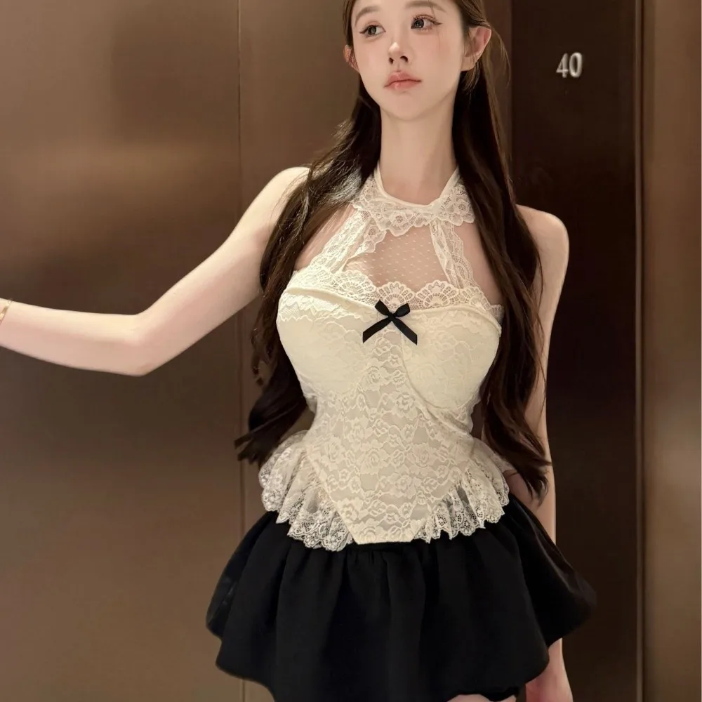 Camisola de encaje hueco estilo chica picante, corsé de encaje transparente con lazo, ropa de calle, tanques, chaleco con tirantes, viaje