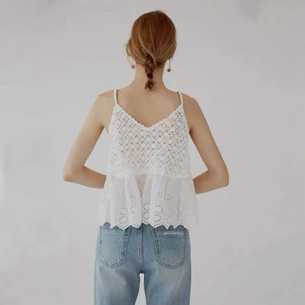 Nowe ażurowe topy z dzianiny szydełkowej, seksowne ażurowe topy na ramiączkach, oddychające topy w stylu bohemy etnicznej, ażurowe koszulki damskie.