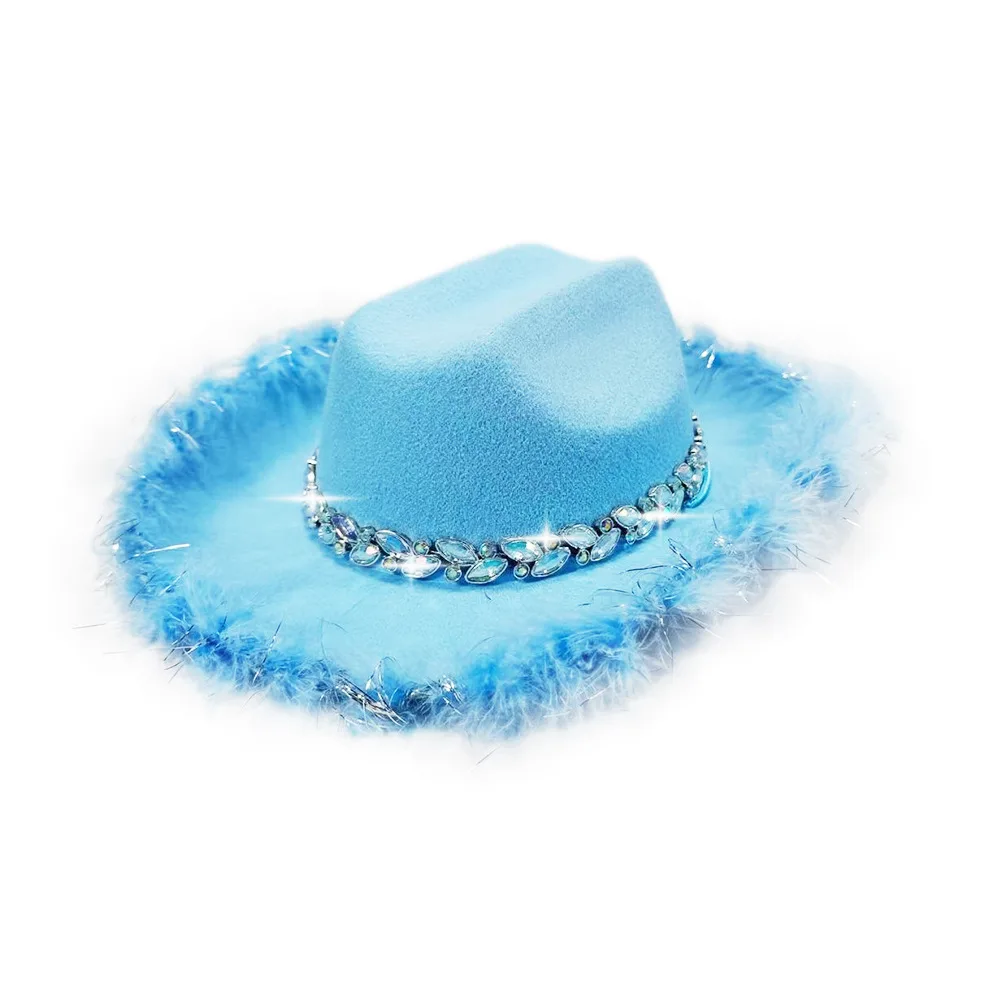 Chapeau de Cowboy pour enfants, chapeau à bord de plumes en feutre, chapeau de fête d'anniversaire, casquette de Costume de spectacle scintillant pour spectacle de mariage Disco