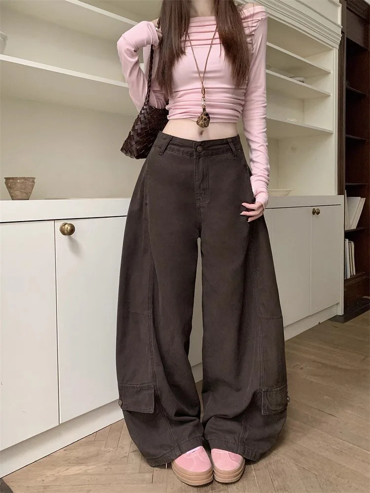 

Retro American Coffee Color Women's Workwear Jeans High Waist Loose Wide Leg Long Trousers Faionable Autumn New Arrival