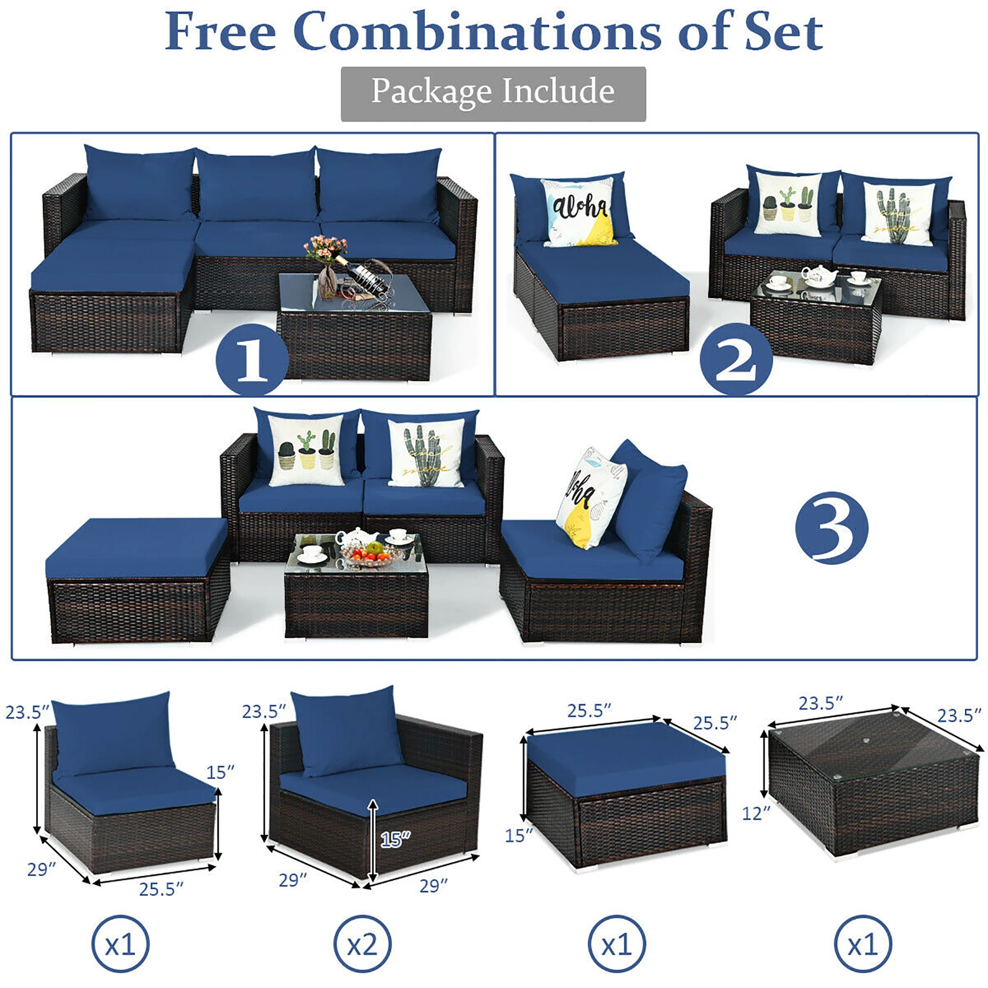 5PCS Patio Rattan Furniture Set Sectional Conversation Sofa w/ Coffee Table Navy