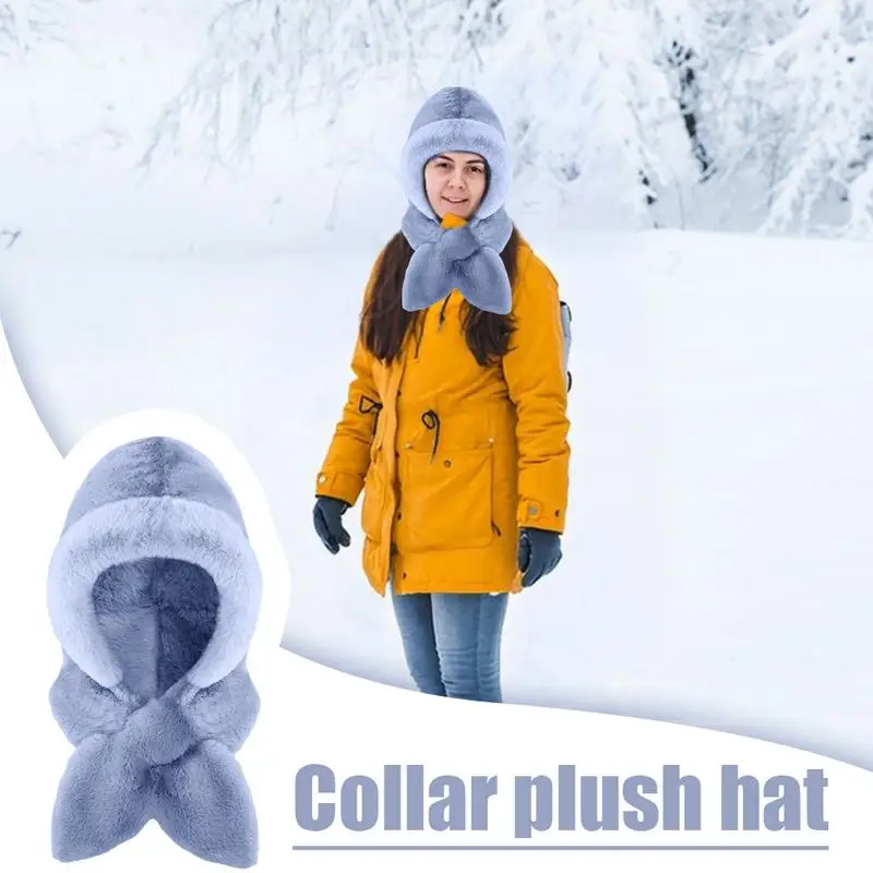 Hooded Scarf For Women 2 In 1 Thickened Windproof Hood Hat Soft Plush Stylish Hooded Scarf Hat For Outdoor Travel