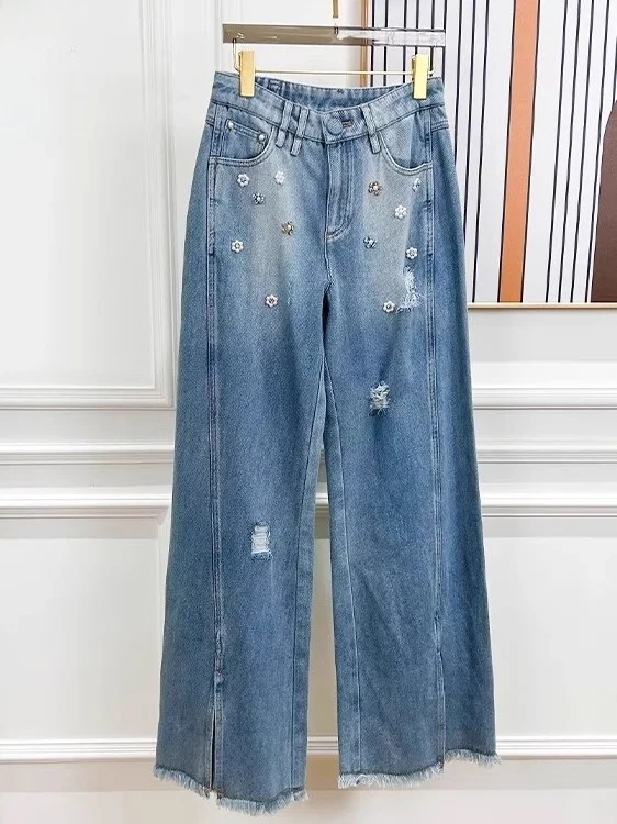 

Модные широкие джинсы с градиентным цветом, свободного кроя, женские, с эффектом потертости, прямые, длинные, с высокой талией, весна-лето