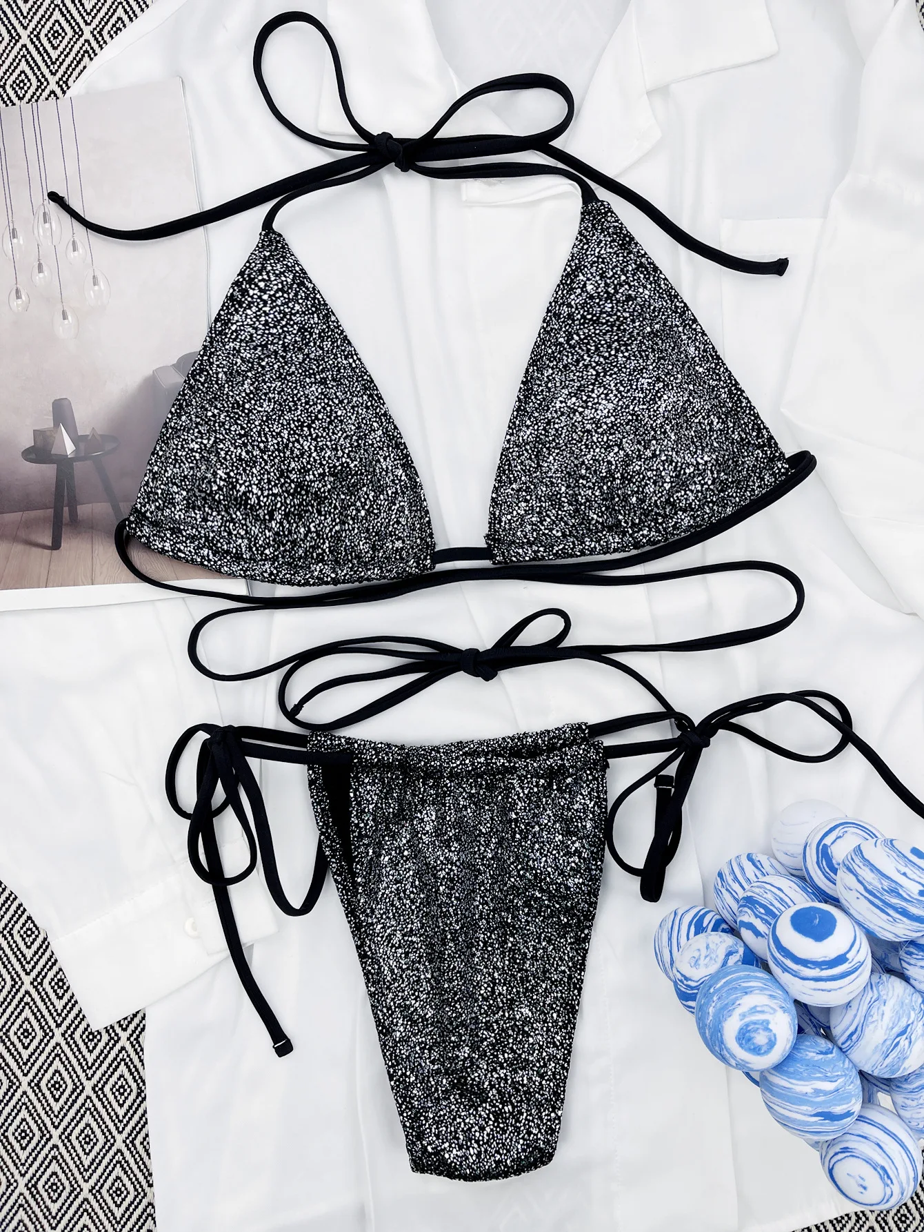 Glitter Sparkling Wrap Around Mini Bikini Women Black Swimwear Female Swimsuit Two-pieces Bikini set Bather Bathing Suit Swim