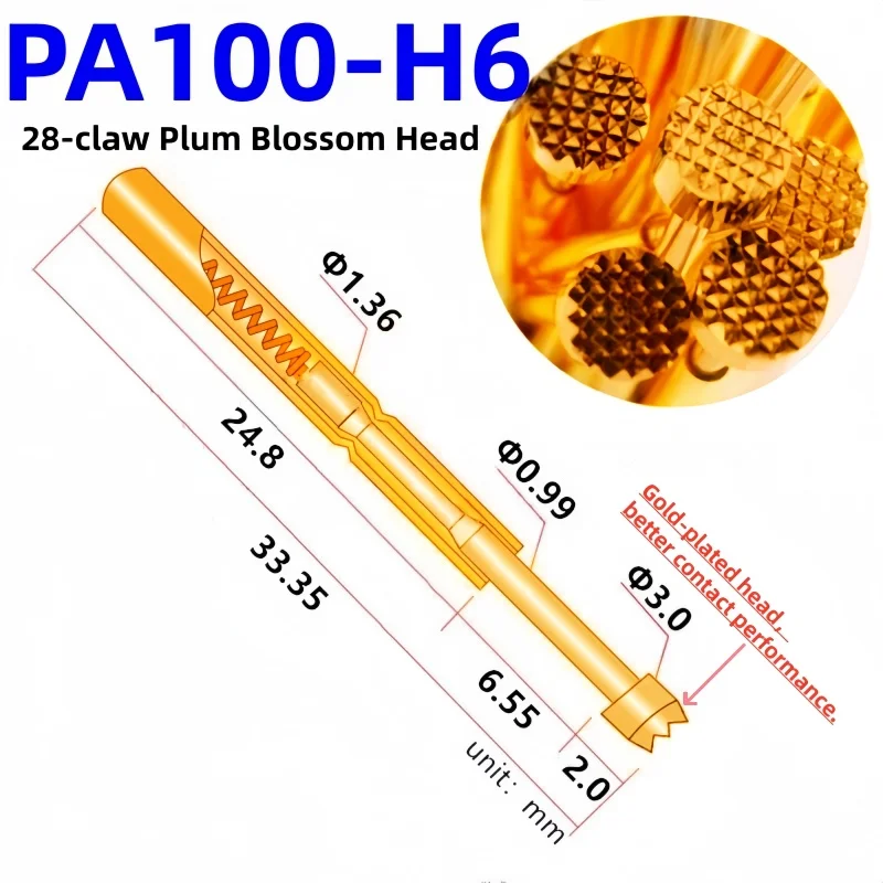 20/100PCS PA100-H6 28-claw PlumBlossom Head Dia 3.0mm Needle SpringTest Probe Test Pin P100-H 1.36mm PA100-H PogoPin Test Tool