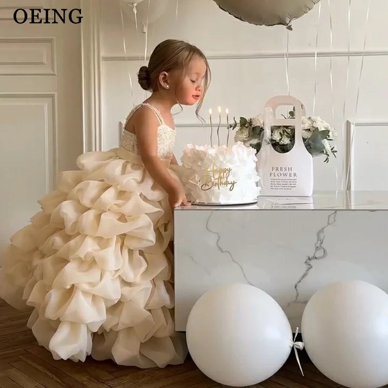 OEING Puffy Ball Flower Girl Dresses Sequined Ruched Ruffle Wedding Party Dress Baby Girl Princess Birthday Dress Customized