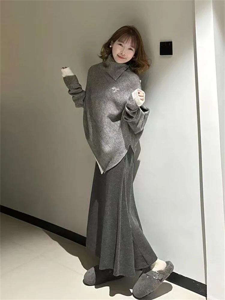 

Loose Knitted High Collar Korean Style Sweater Coat Combo with Woolen Skirt for Women Winter Fashion Set Casual Wear