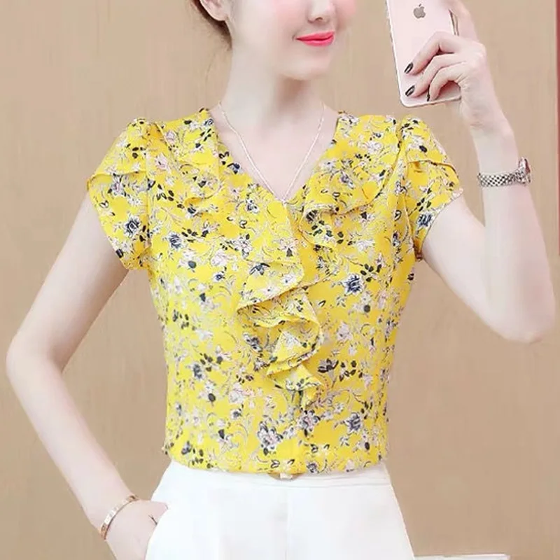 Stylish V-Neck Spliced Loose Printed Ruffles Blouse Women\'s Clothing 2023 Summer New Casual Pullovers Office Lady Chiffon Shirt