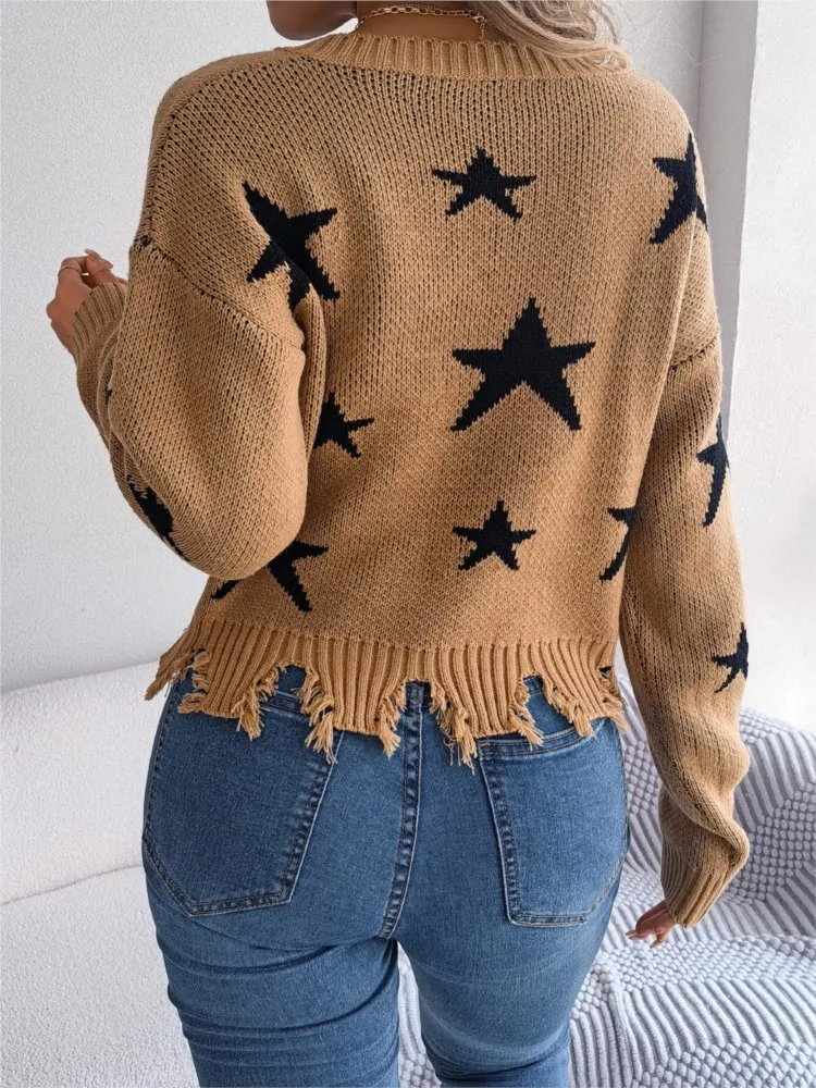 Damen Herbst gestrickt Pullover Pullover sexy V-Ausschnitt Mode Kontrast farbe Stern druck hohl Langarm bequemen Pullover