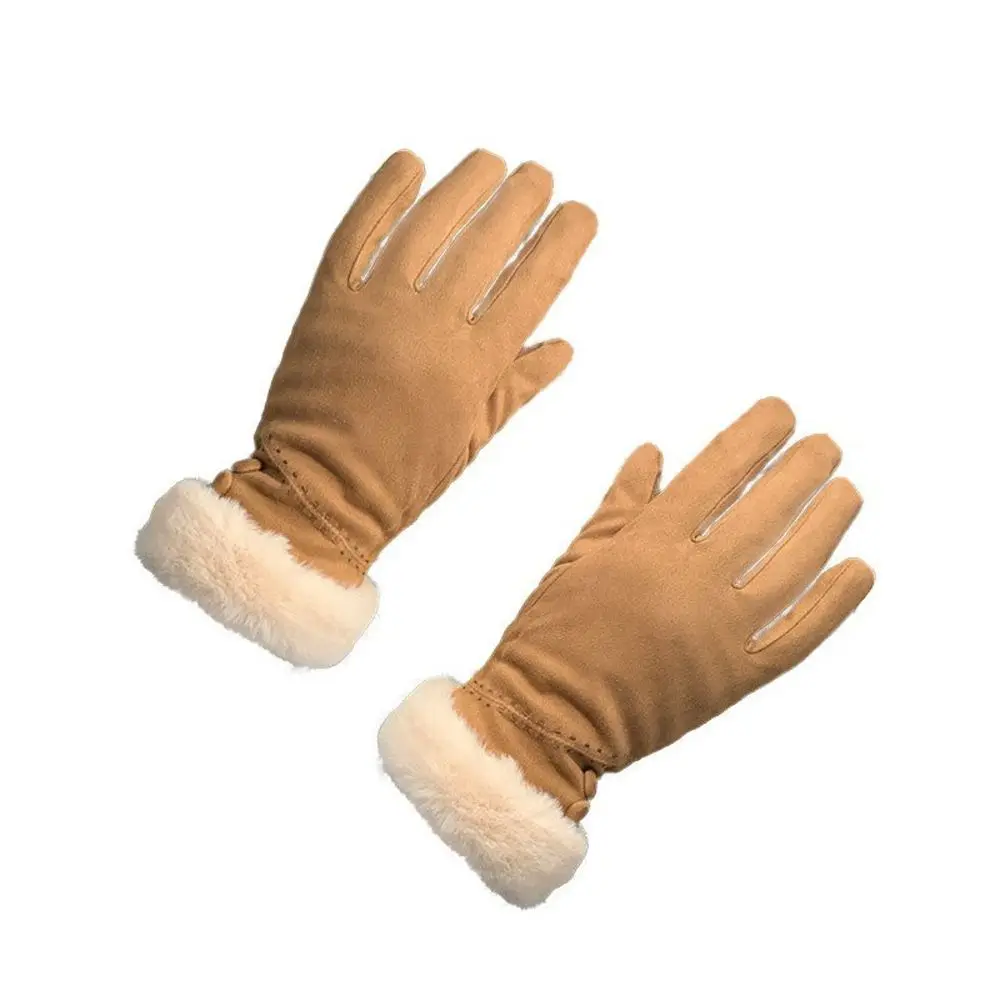 Faux Fur Trim Suede Winter Touch Screen Gloves Cold Weather One Size Windproof Thick Gloves Retro Fleece Lined Gloves For Women