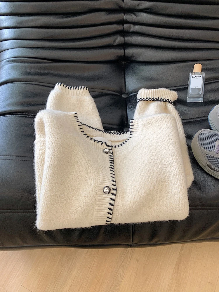 

Elegant Contrasting Color Soft Sweater Fashion Single Breasted Knitted Cardigan Women Large Pocket O-neck Long Sleeve Loose Top