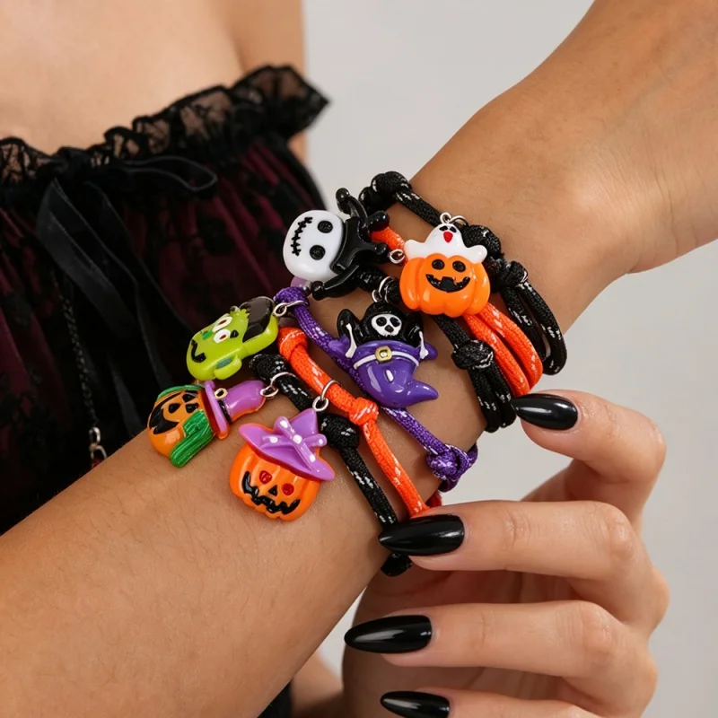 Halloween Pumpkin, Skull, and Black Cat Pendant With Adjustable Braided Bracelet, Suitable for Both Children and Adults