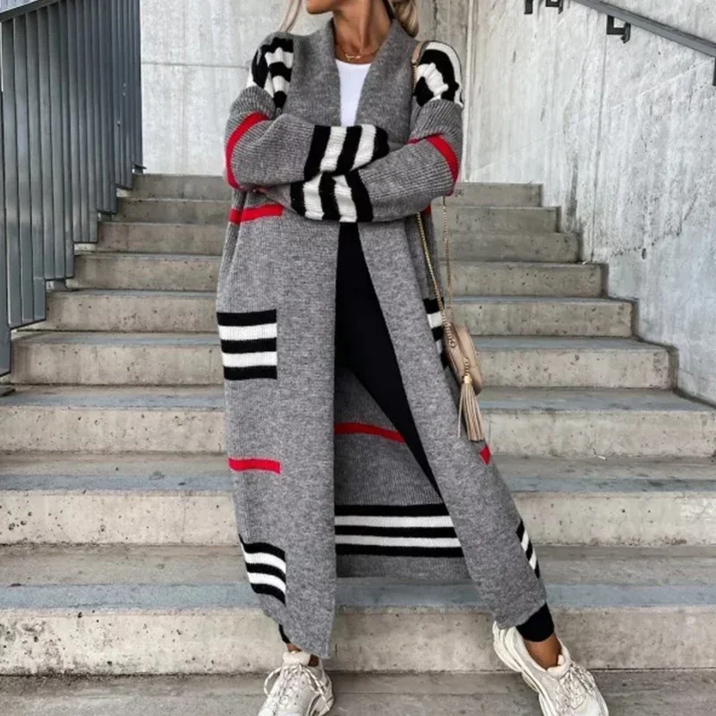 

2023 Spring Knitted Cardigan Women Striped Patchwork Autumn Winter Elegant Long Outerwear Maxi Y2k Sweater Coat Soft Jacket