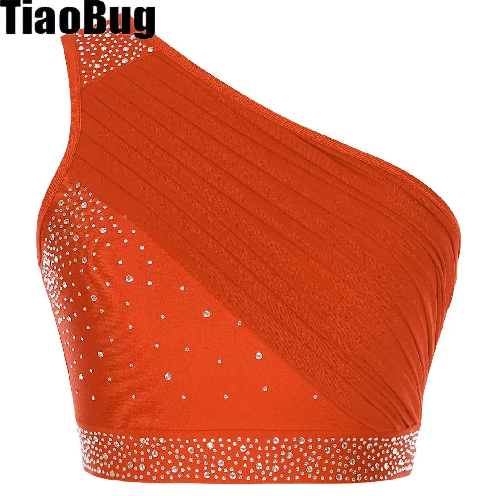 

Womens Mesh Overlay Dance Tops Adult Lyrical Costume Modern Dancewear One Shoulder Ruched Rhinestones Crop Top