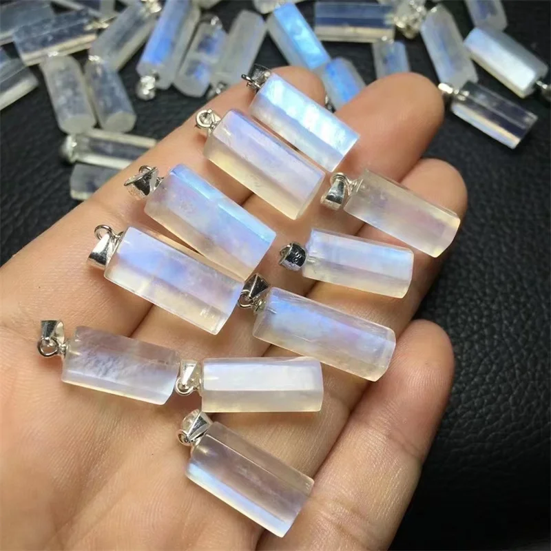 s925 Natural Blue Moon Stone Hexagonal Pillar Pendant Jewelry Making For Earring Bracelet Reiki Healing Stone DIY Accessories