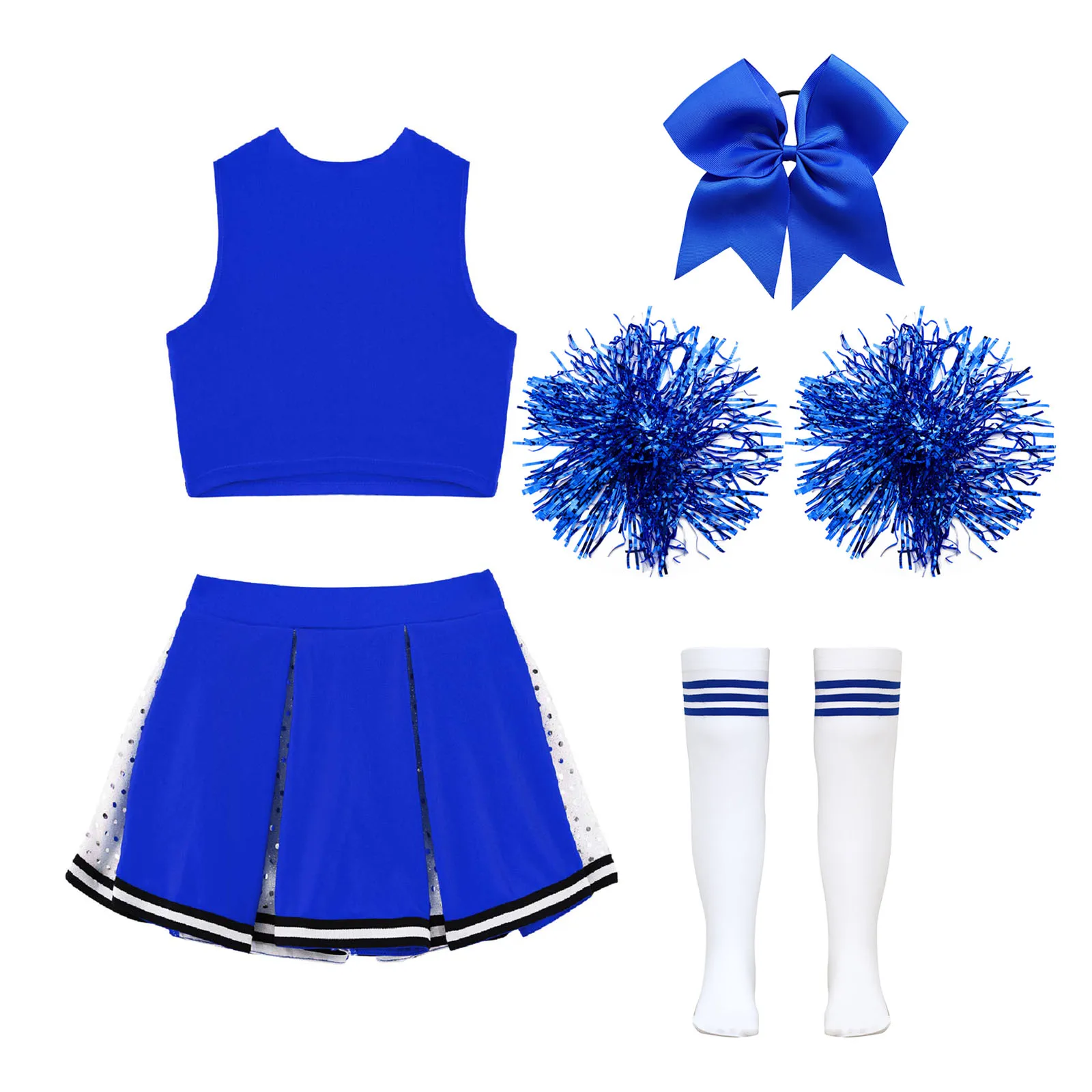 

Костюмы для черлидинга для школьниц: униформа черлидерши, укороченный топ с пайетками, плиссированная юбка, головной убор, цветы для рук, полосатые носки