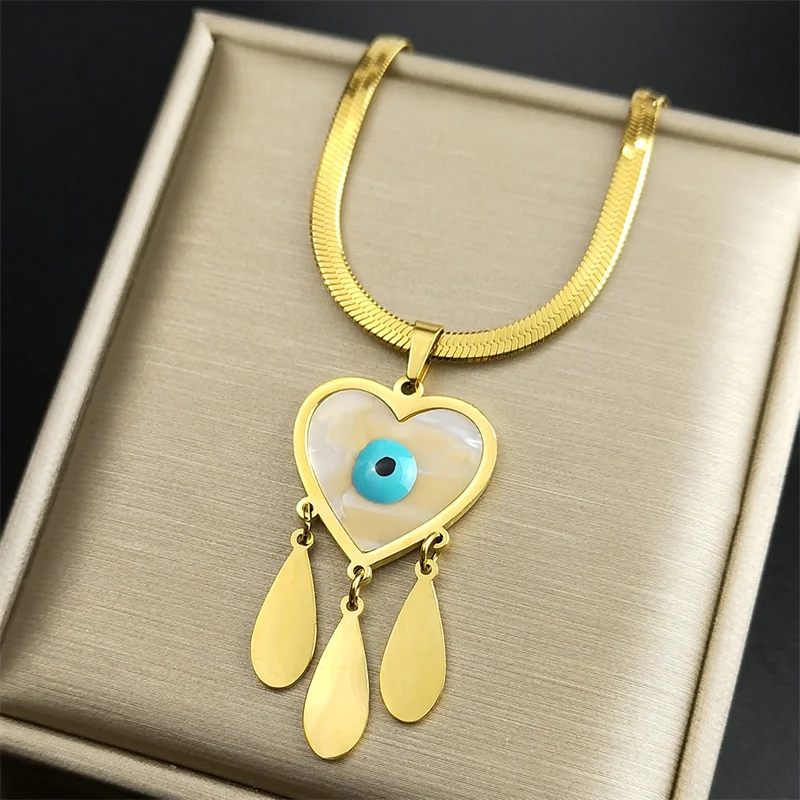 

Women Heart Shape Shell Pendant Necklace Gold Color Stainless Steel Shell Evil Eye Tassel Vintage Party Jewelry Gift NZZZ435