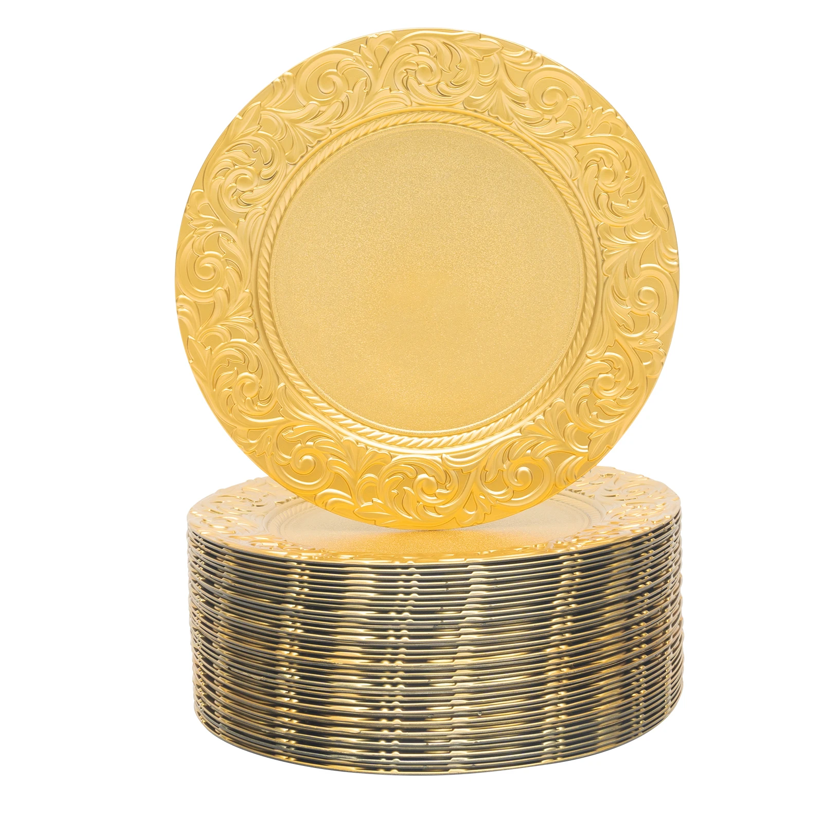 

100-Pack Gold Charger Plates Set 12.9 Inch Embossed Round Disposable Serving Trays Christmas Wedding Party Decoration Plate ﻿