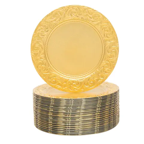 100-Pack Gold Charger Plates Set 12.9 Inch Embossed Round Disposable Serving Trays Christmas Wedding Party Decoration Plate ﻿