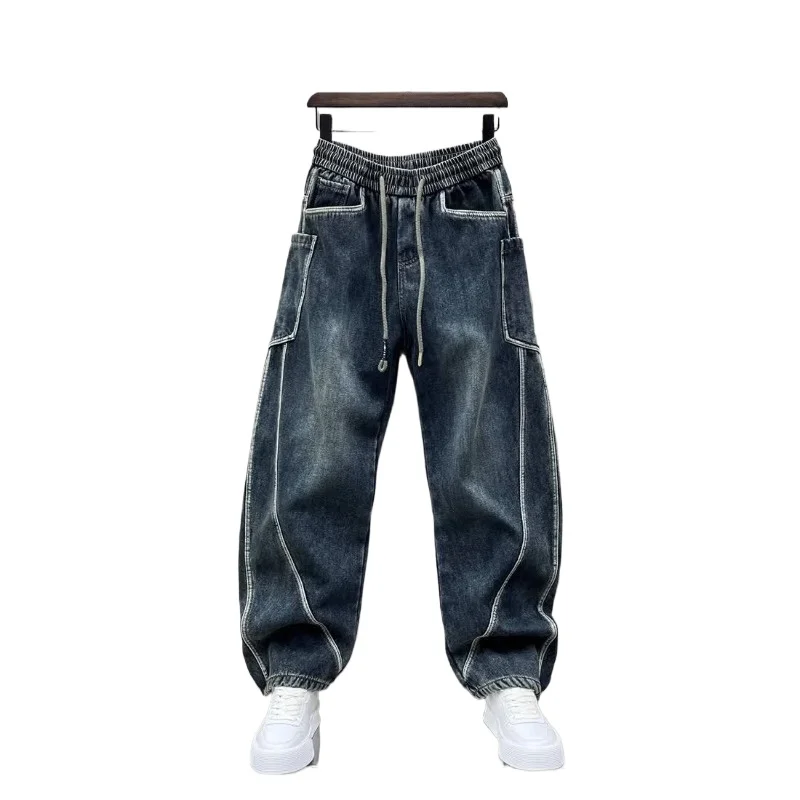 Men Spring or Autumn Loose Straight Leg Wide-leg Pants Vintage Patchwork Pants High Quality American Heavy Casual Scimitar Jeans