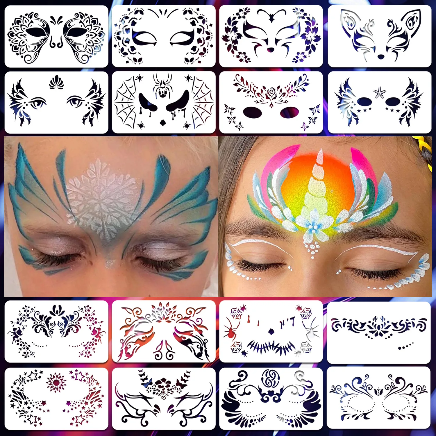 16pcs Reusable PET Face Painting Stencils, Assorted Designs for DIY Makeup,Costume Parties, Washable Stencils for Painting