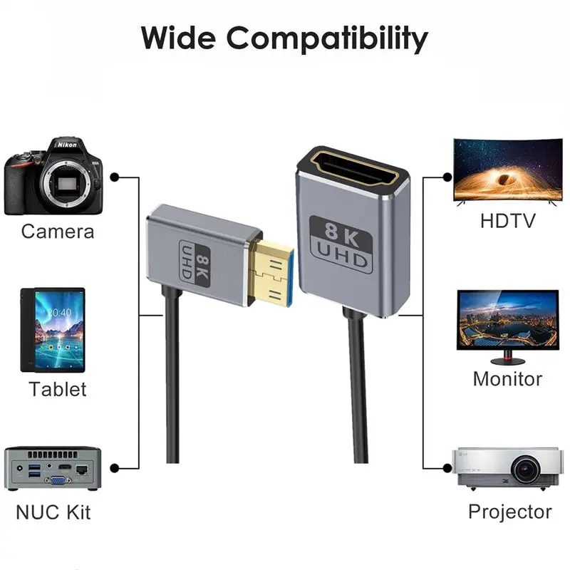 

Coaxial 8K H-DMI 2.1 Version Ultra-Fine Wire 2.5mm, 90° Mini H-DMI Male to H-DMI Female 8k@60hz 4k@120hz Camera Connection Cable