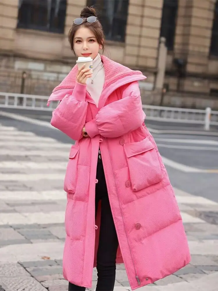 Thickened Long down Cotton Jacket Large Collar Pink Small Size Waist Inward Coat Commute Style Loose Fit Polyester Fabric