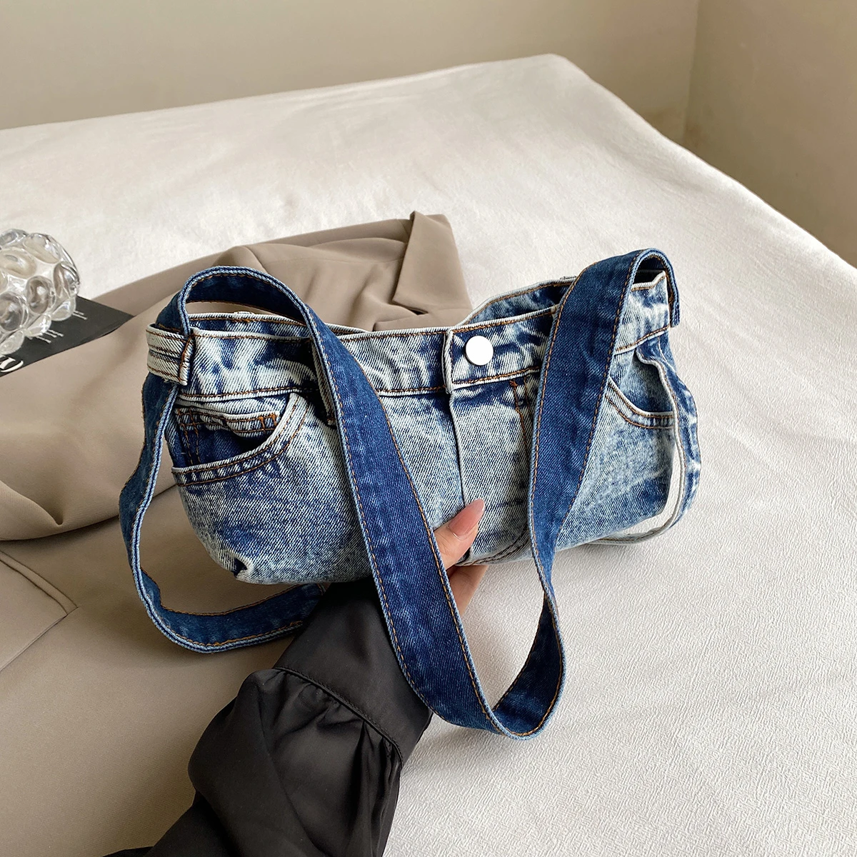 LEFTSIDE tas tangan dan dompet wanita, tas selempang kecil lucu Denim 2024 Y2K gaya Korea