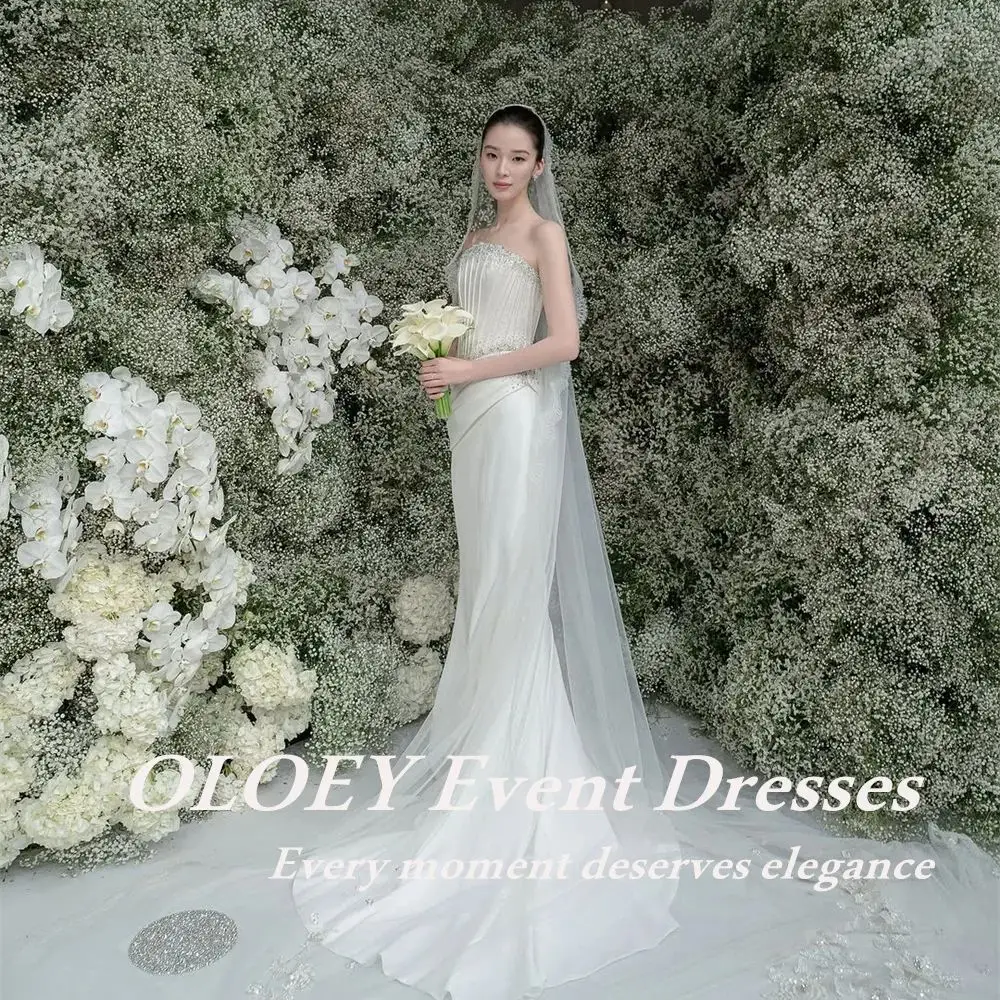 OLOEY Luxury Crystals Pearls Mikado Mermaid Wedding Dress Korea Photoshoot Asymmetrical Lace-up Fishbones Bridal Gown Customized
